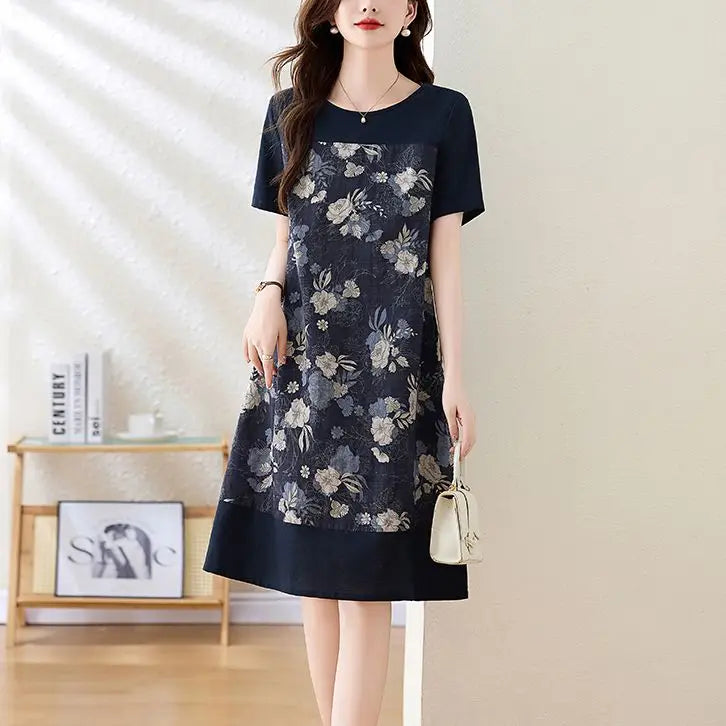 Cotton and Linen Dress for Women Summer Style Short Sleeves Floral Print Loose and Stylish Casual Petite Print