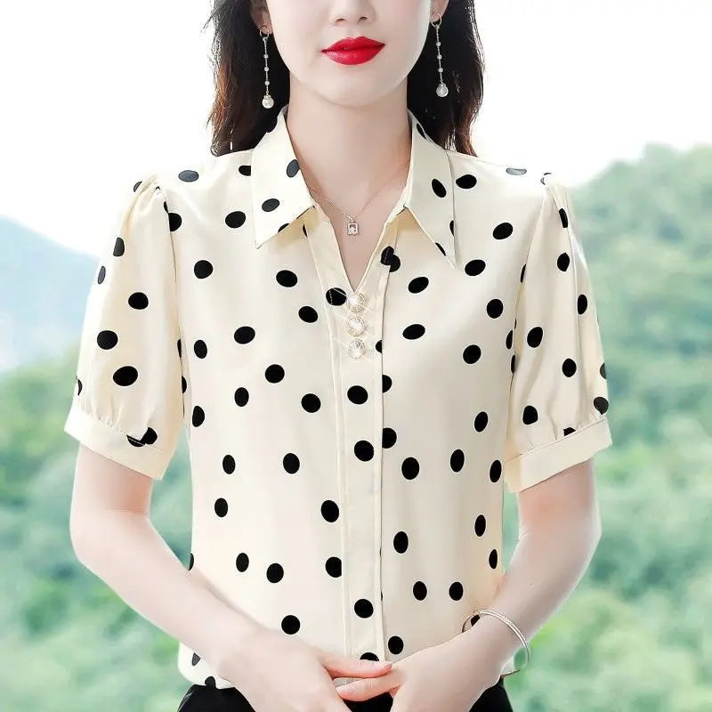 Elegant Summer New Style Loose Polka Dot Short-sleeved T-shirt for Women's Tops