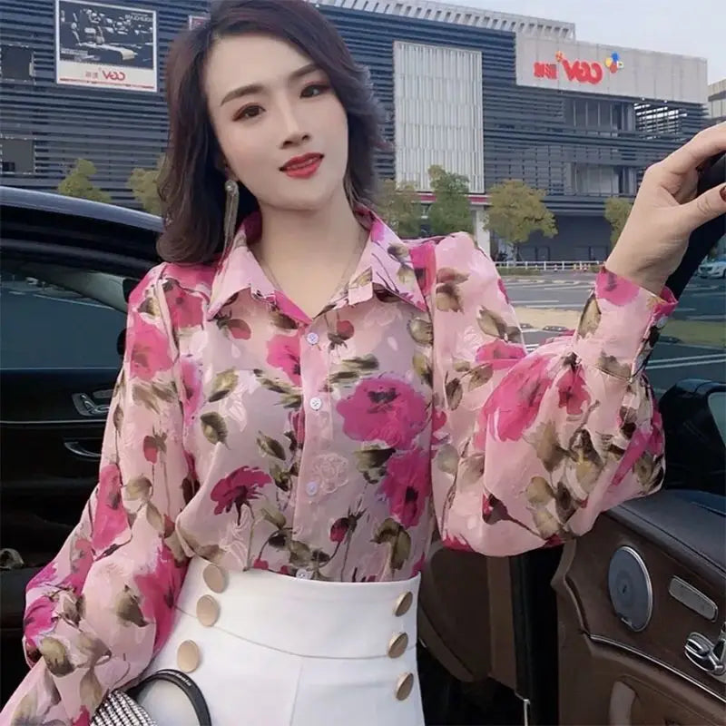 Ladies Summer New Style Floral Loose Fashion Simplicity Temperament All-match Chiffon Turn-down Collar Blouse Long Sleeve