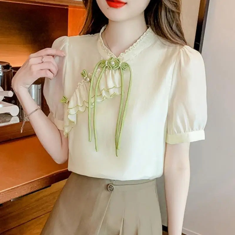 Chinese Style Personalized Beaded Button-Up French Style Chiffon Blouse Sweet Summer Outfit Elegant Top